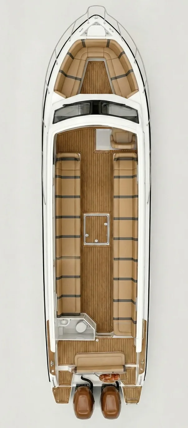 Seating layout aboard Bajo Speed Boat — 17 seats in total, L1 through L8 on the port side and R1 through R9 to starboard.