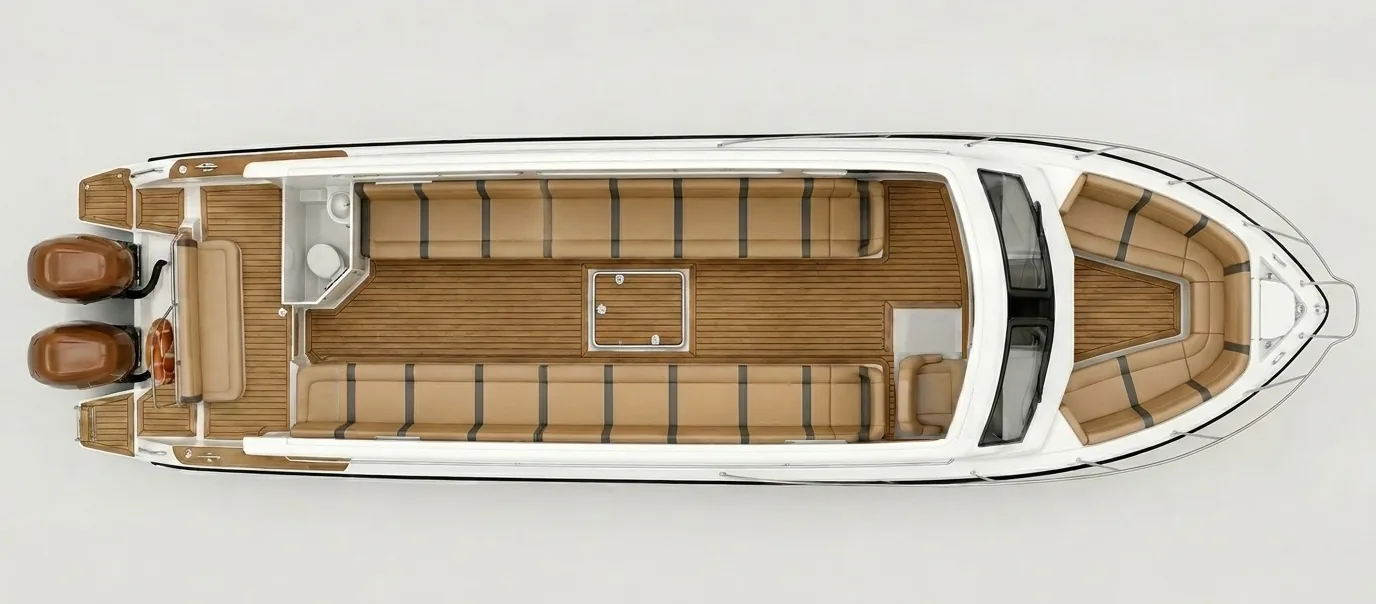 Seating layout aboard Bajo Speed Boat — 17 seats in total, L1 through L8 on the port side and R1 through R9 to starboard.